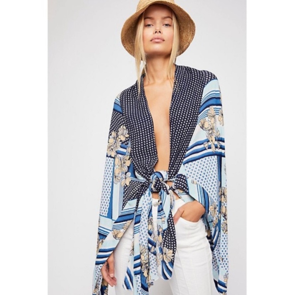 Free‎ People Flowy Asymmetric Mixed Print Kimono Boho Romantic Coastal Cowgirl